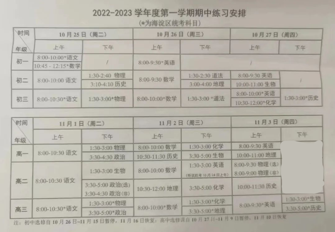 2022-2023学年北京海淀区初一至初三期中考安排