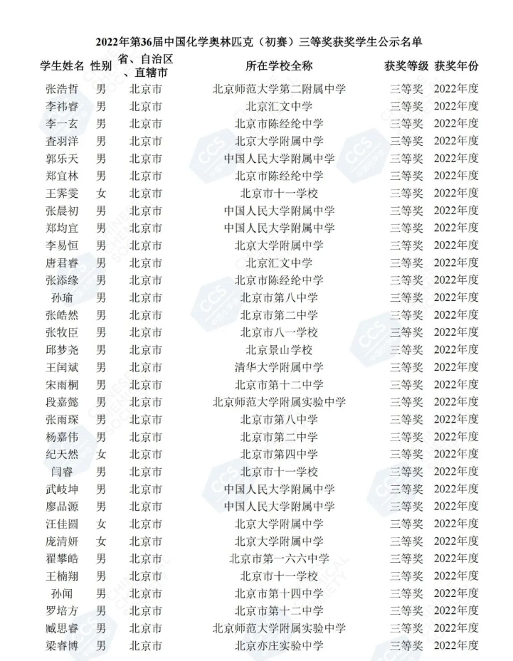 北京公布第36届中国化学奥林匹克（初赛）二三等奖学生名单