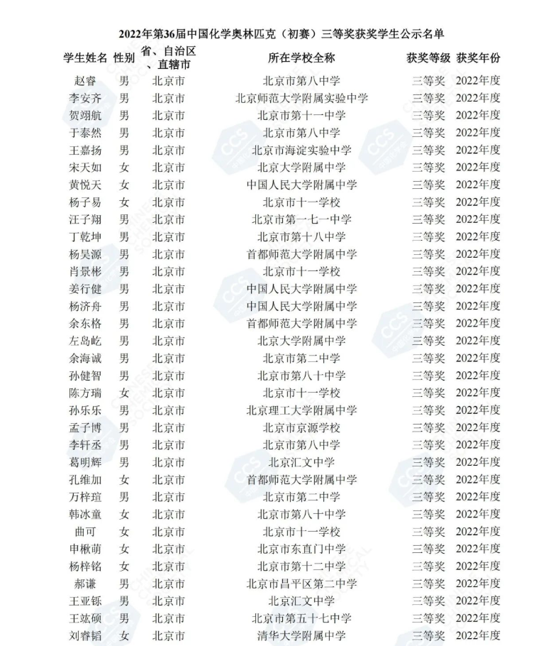 北京公布第36届中国化学奥林匹克（初赛）二三等奖学生名单