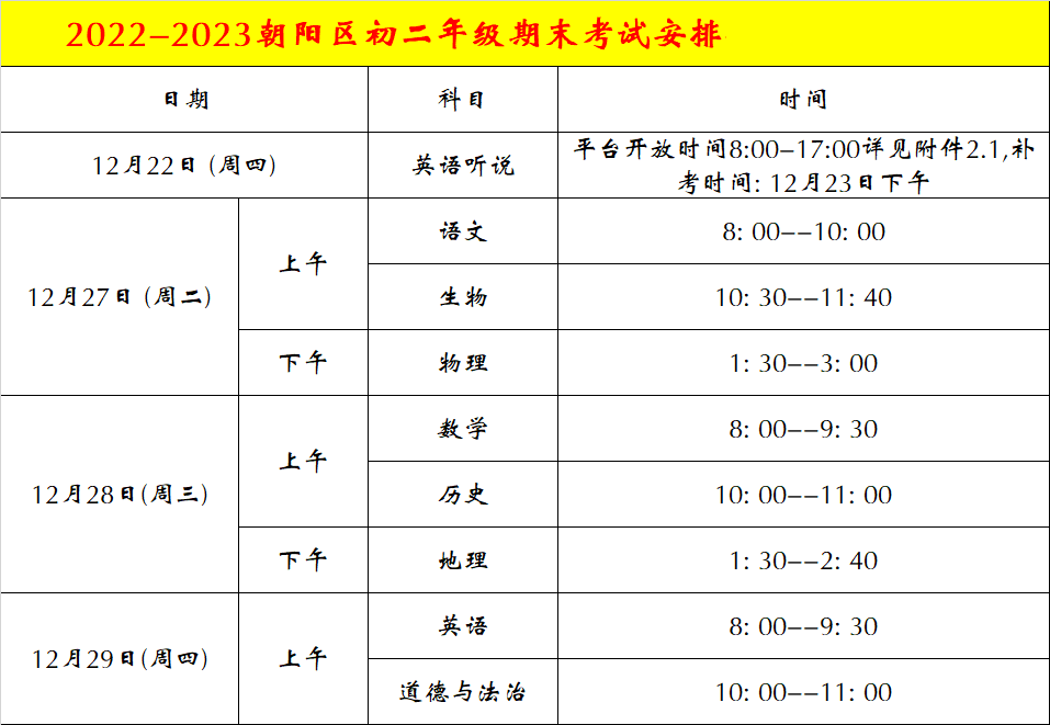 2022-2023学年北京朝阳区初中各年级期末考试安排